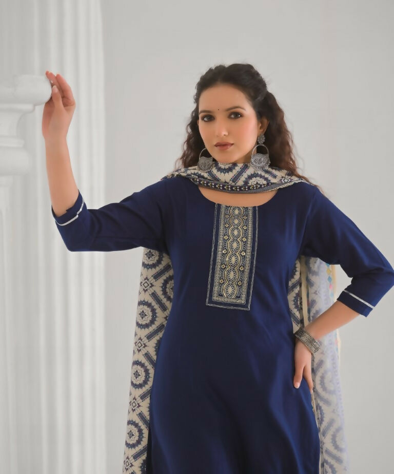 Festive Ethnic Viscose Chanderi Blue Stitched Suit With Dupatta - Rashmika