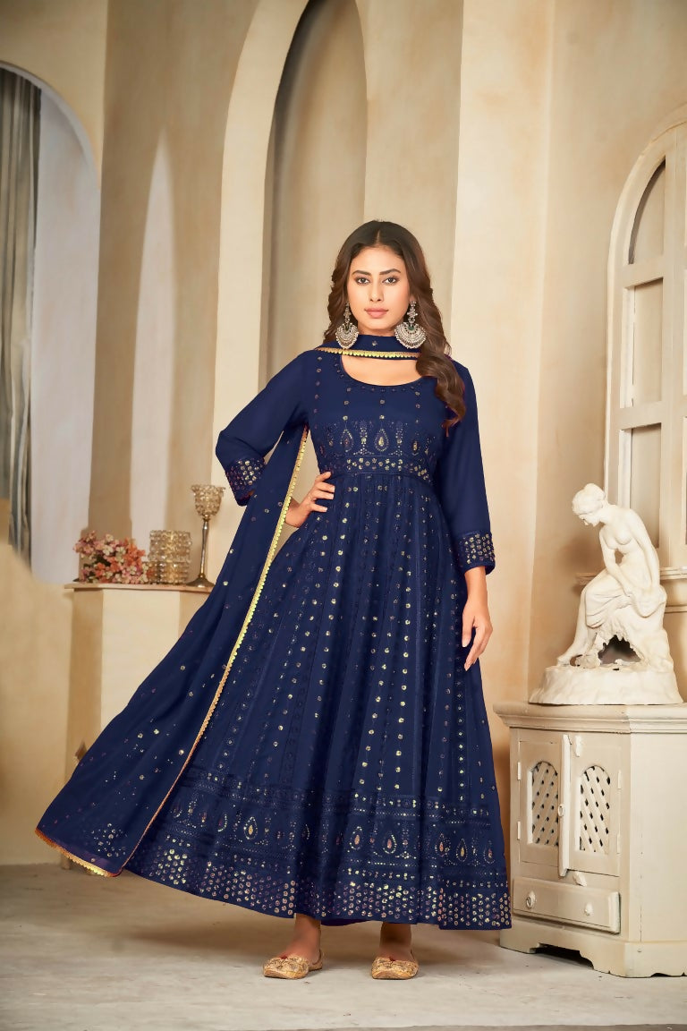 Jyoti Fashion Women's Blue Georgette Embroidered Anarkali Kurta Pant Set With Dupatta
