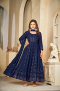 Jyoti Fashion Women's Blue Georgette Embroidered Anarkali Kurta Pant Set With Dupatta