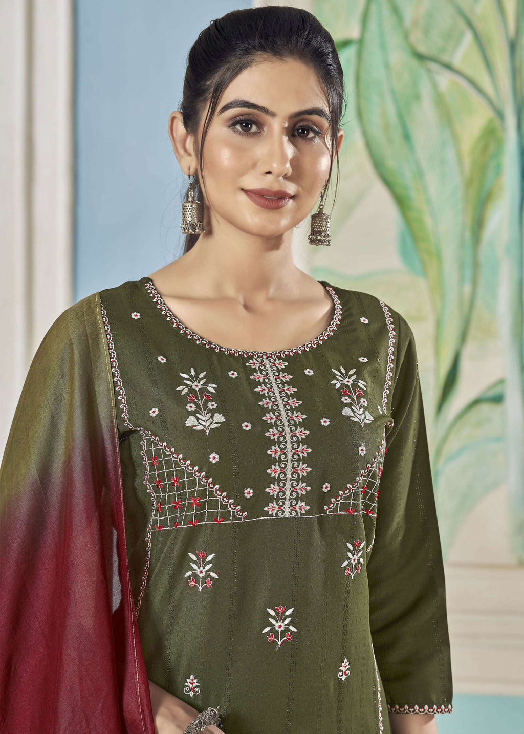 Jyoti Fashion Women's Mehendi Pure Viscose Weaving Stripe with Embroidery Kurta Set