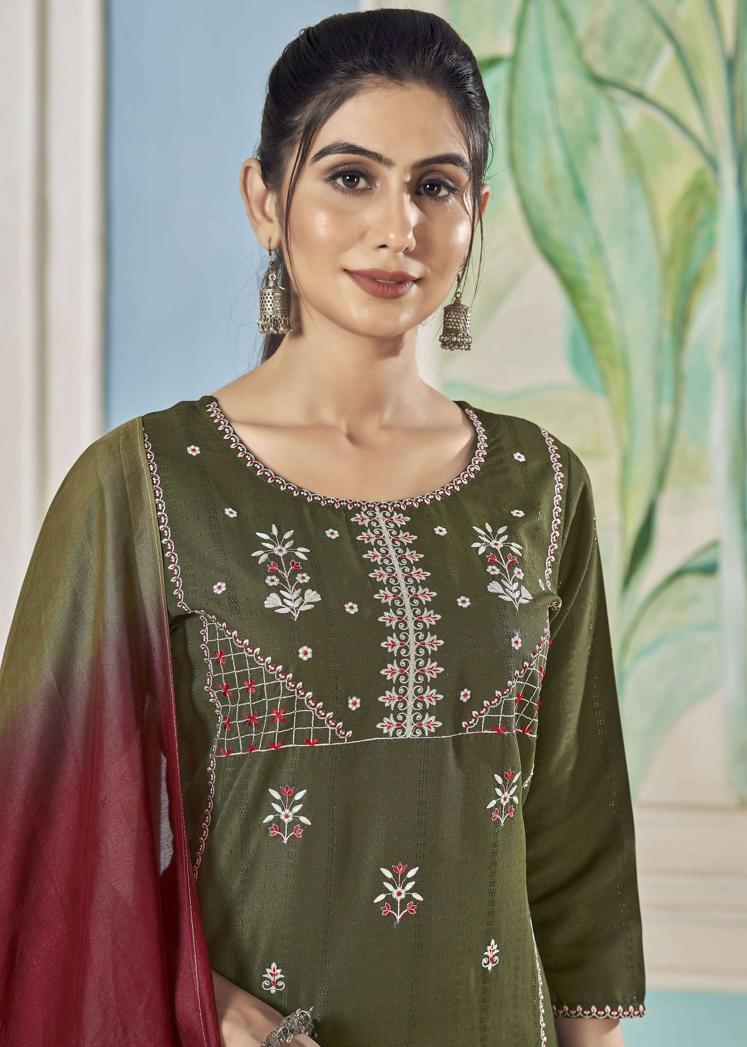 Jyoti Fashion Women's Mehendi Pure Viscose Weaving Stripe with Embroidery Kurta Set