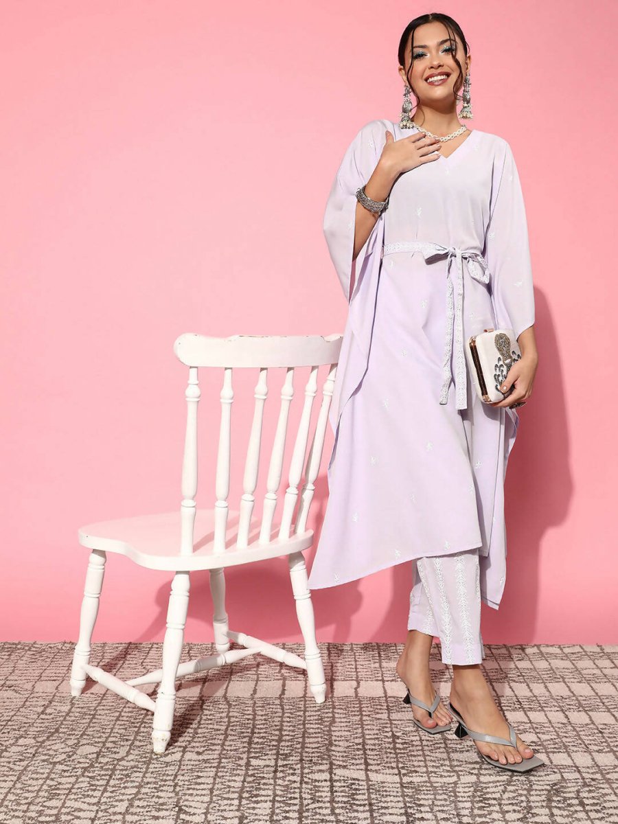 Ahalyaa Women Floral Poly Crepe Belted Detail Kurta Set