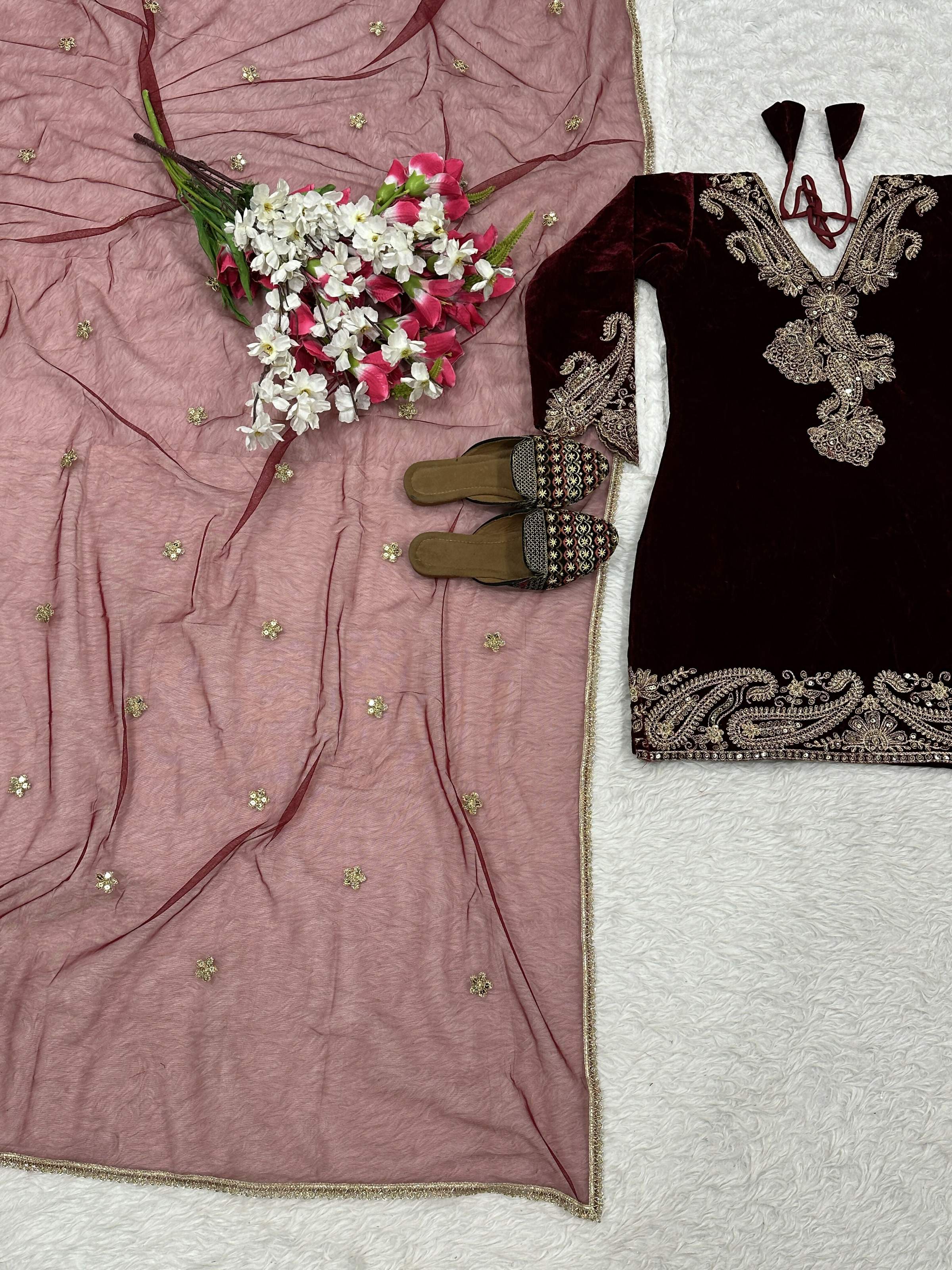 Vastranavya Wine Viscose Velvet Cording Sequence Embroidery Work Suit-Bottom With Dupatta