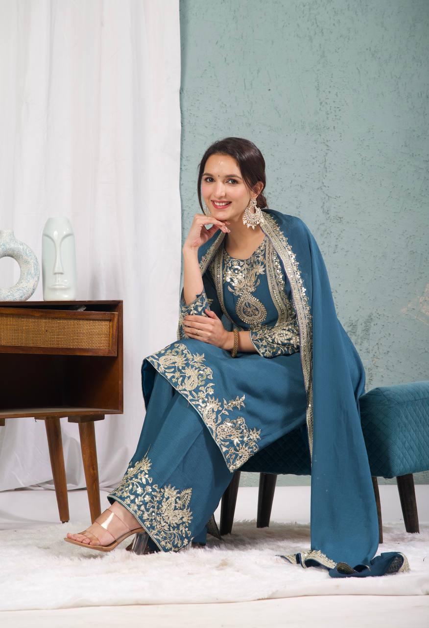 Teeya Creation Blue Color Chinnon Silk Embroidery Work Fully Stitched Plazo Pair