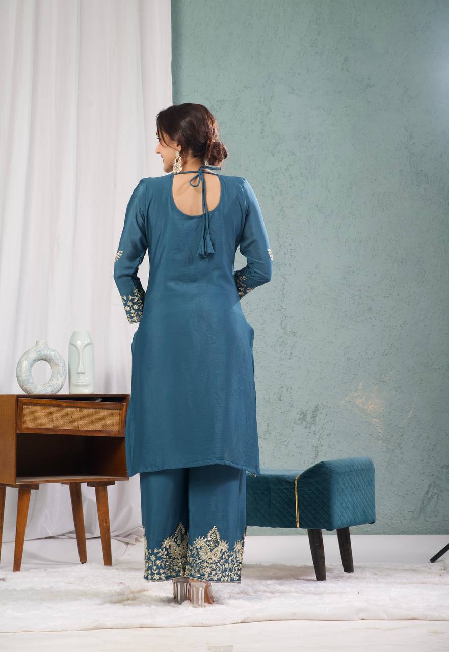 Teeya Creation Blue Color Chinnon Silk Embroidery Work Fully Stitched Plazo Pair