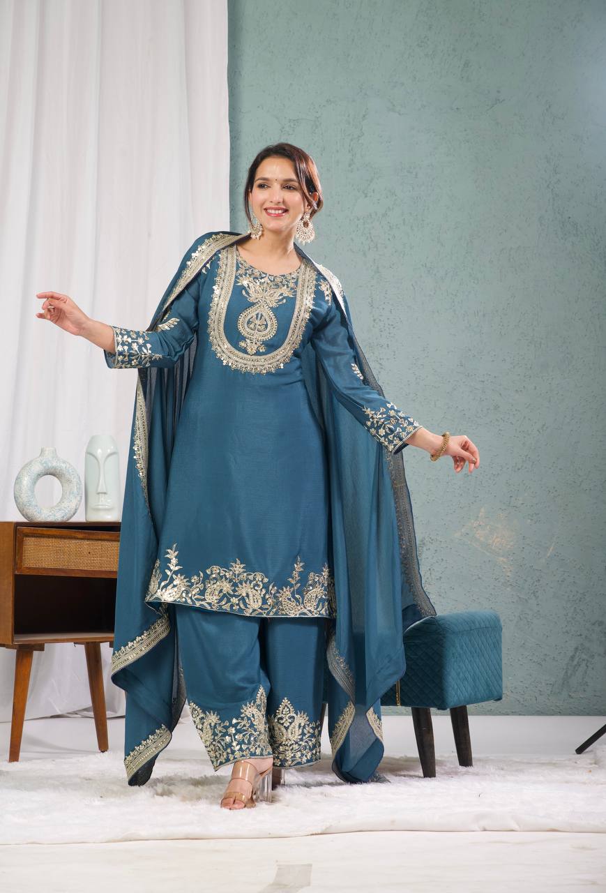 Teeya Creation Blue Color Chinnon Silk Embroidery Work Fully Stitched Plazo Pair