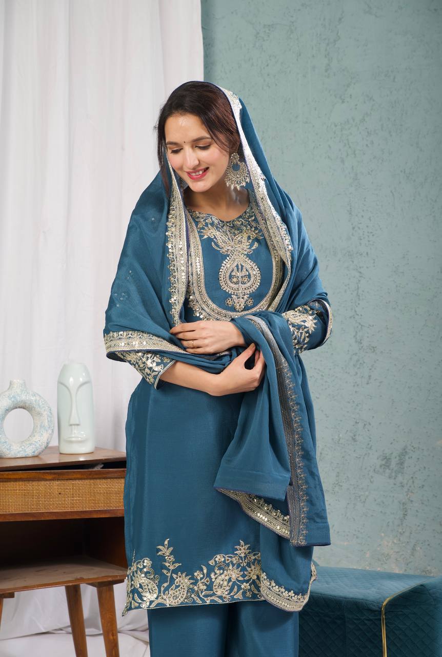 Teeya Creation Blue Color Chinnon Silk Embroidery Work Fully Stitched Plazo Pair
