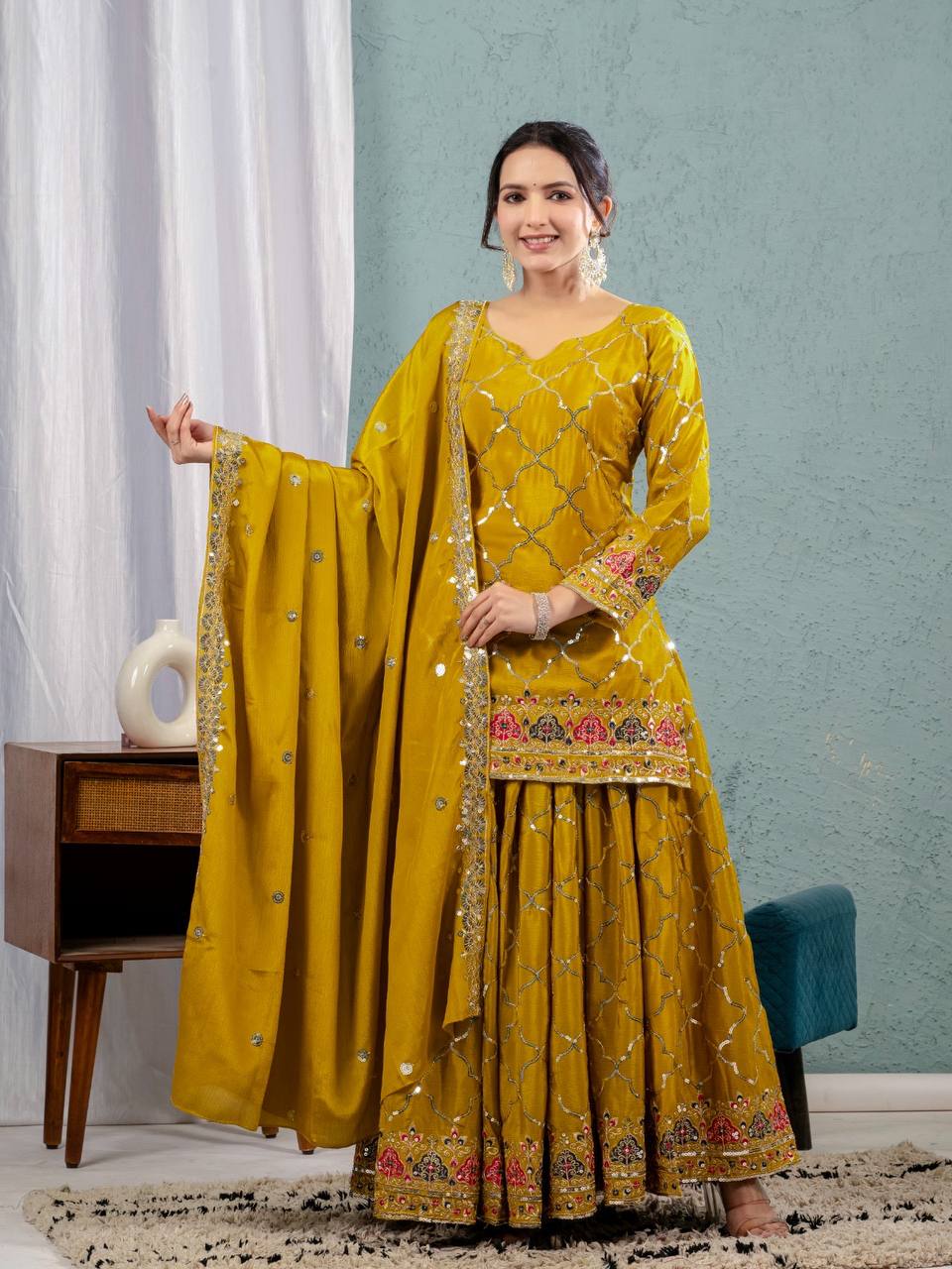 Teeya Creation Yellow Color Chinnon Silk Embroidery Work Fully Stitched Salwar Suit