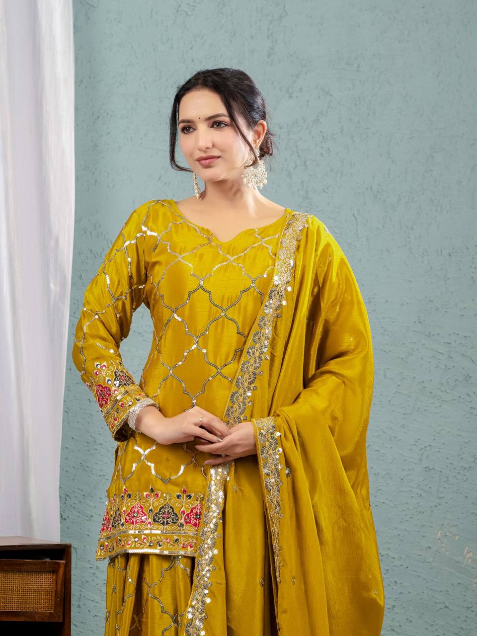 Teeya Creation Yellow Color Chinnon Silk Embroidery Work Fully Stitched Salwar Suit