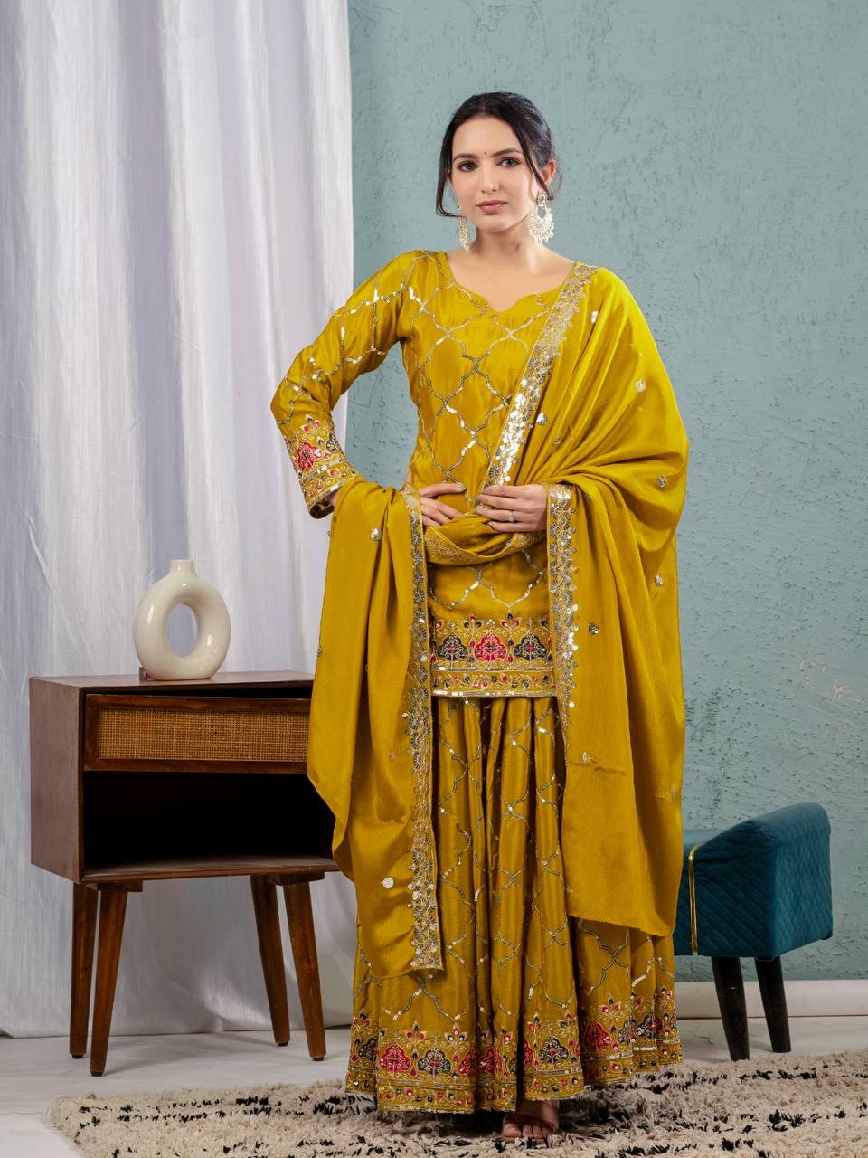 Teeya Creation Yellow Color Chinnon Silk Embroidery Work Fully Stitched Salwar Suit