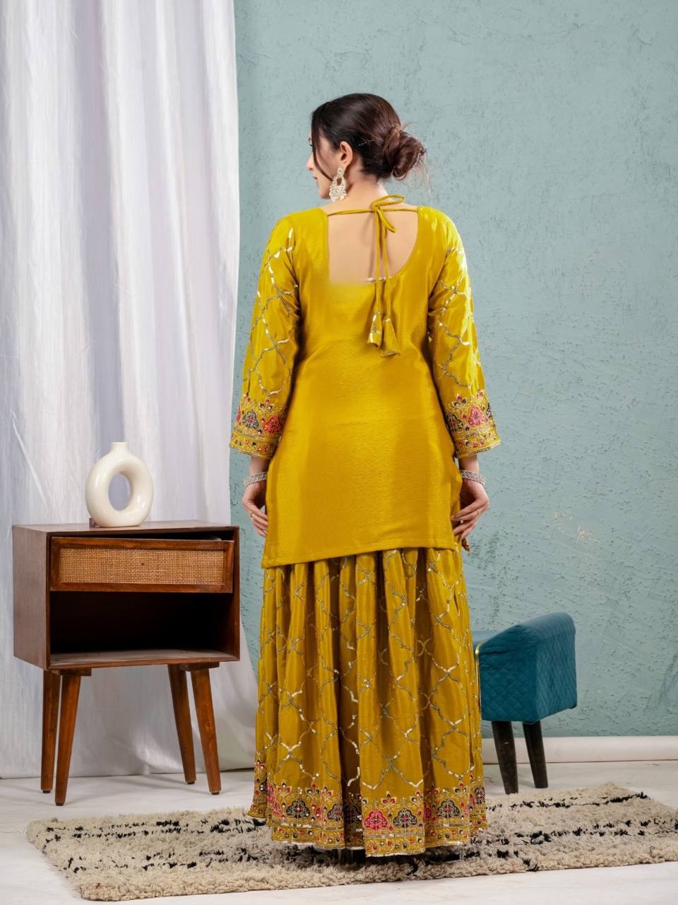 Teeya Creation Yellow Color Chinnon Silk Embroidery Work Fully Stitched Salwar Suit
