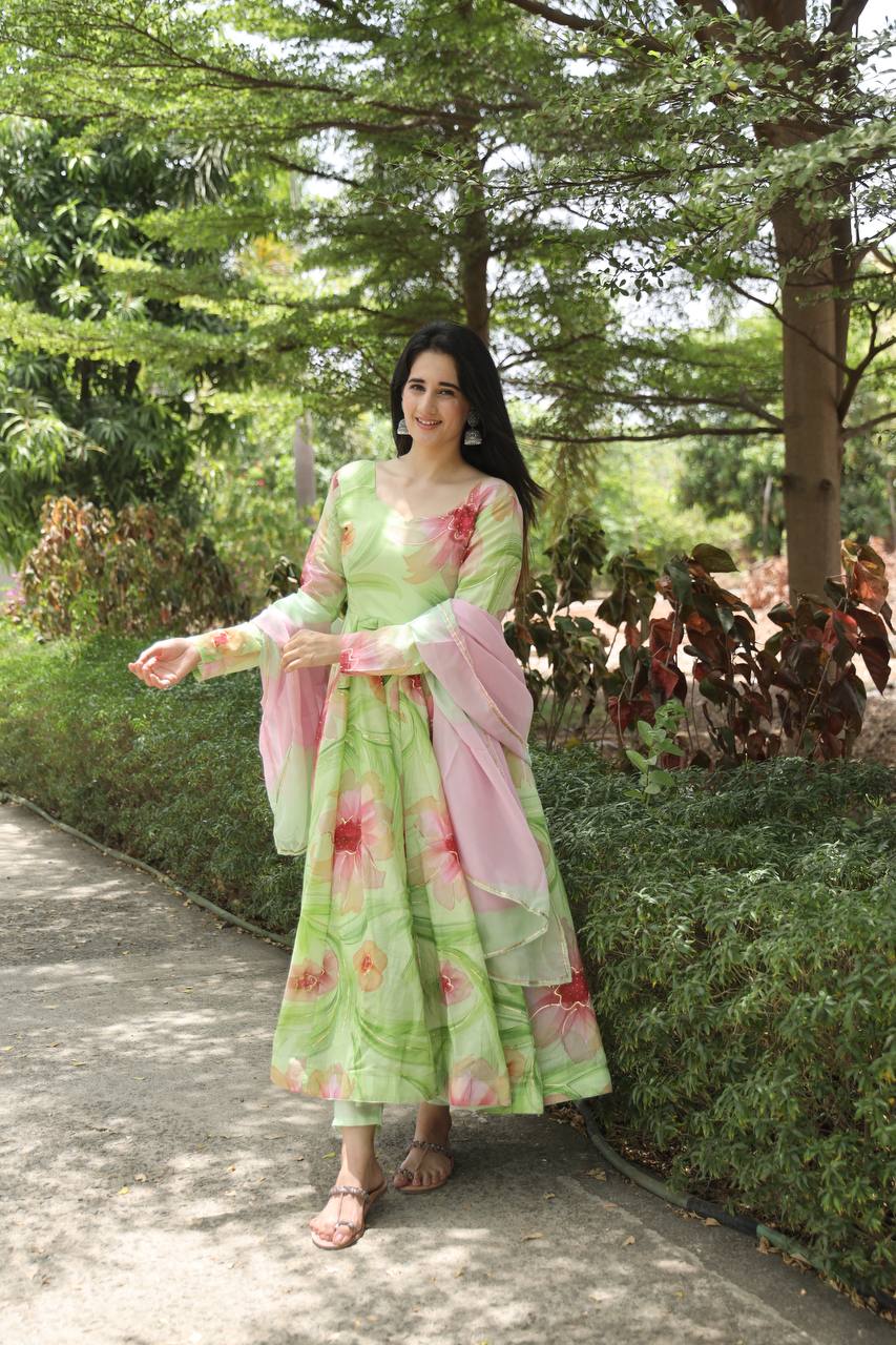 Teeya Creation Multicolor Georgette Heavy Embroidery And Sequence Work Anarkali With Pants And Dupatta