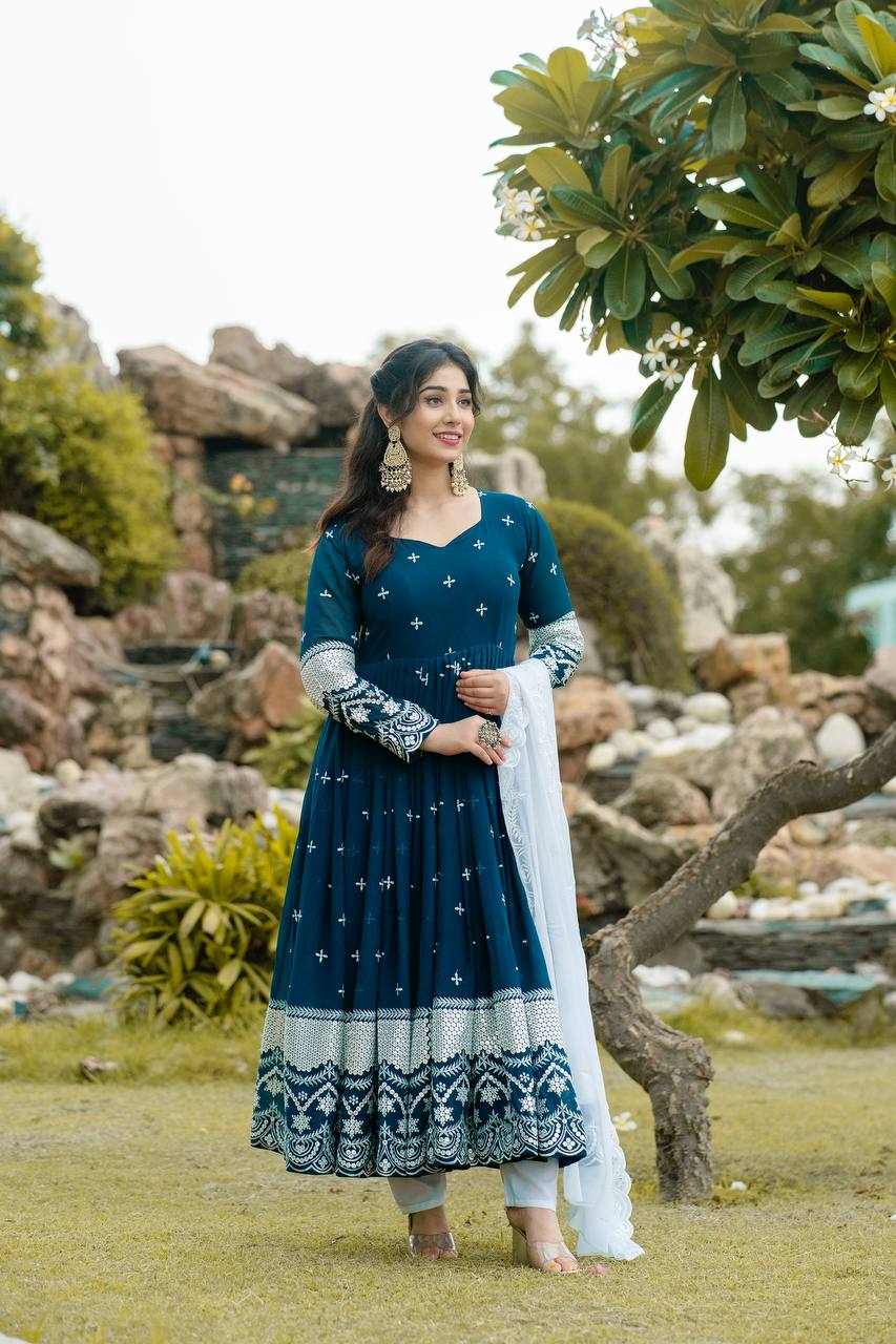Teeya Creation Dark Teal Color Georgette Heavy Embroidery And Sequence Work Anarkali With Pants And Dupatta