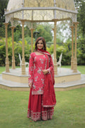 Teeya Creation Maroon Color Chinon Silk Digital Print With Embroidery Work Fully Stitched Plazo Pair