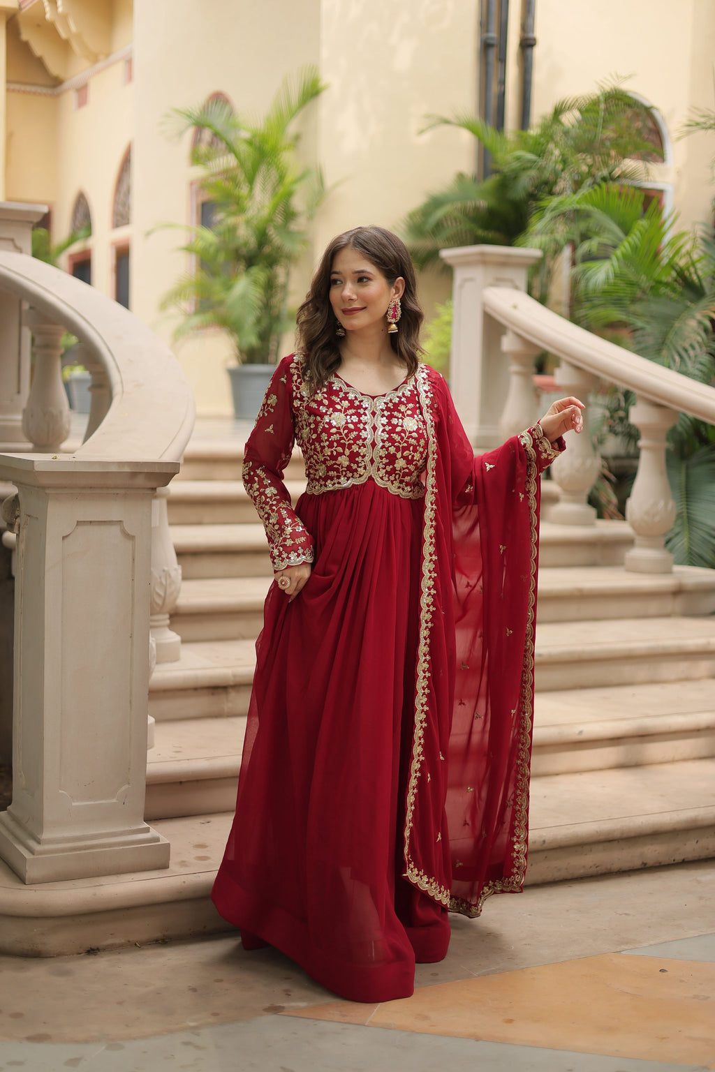 Teeya Creation Maroon Color Faux Georgette Heavy Embroidery Work Dupatta Fully Stitched Gown