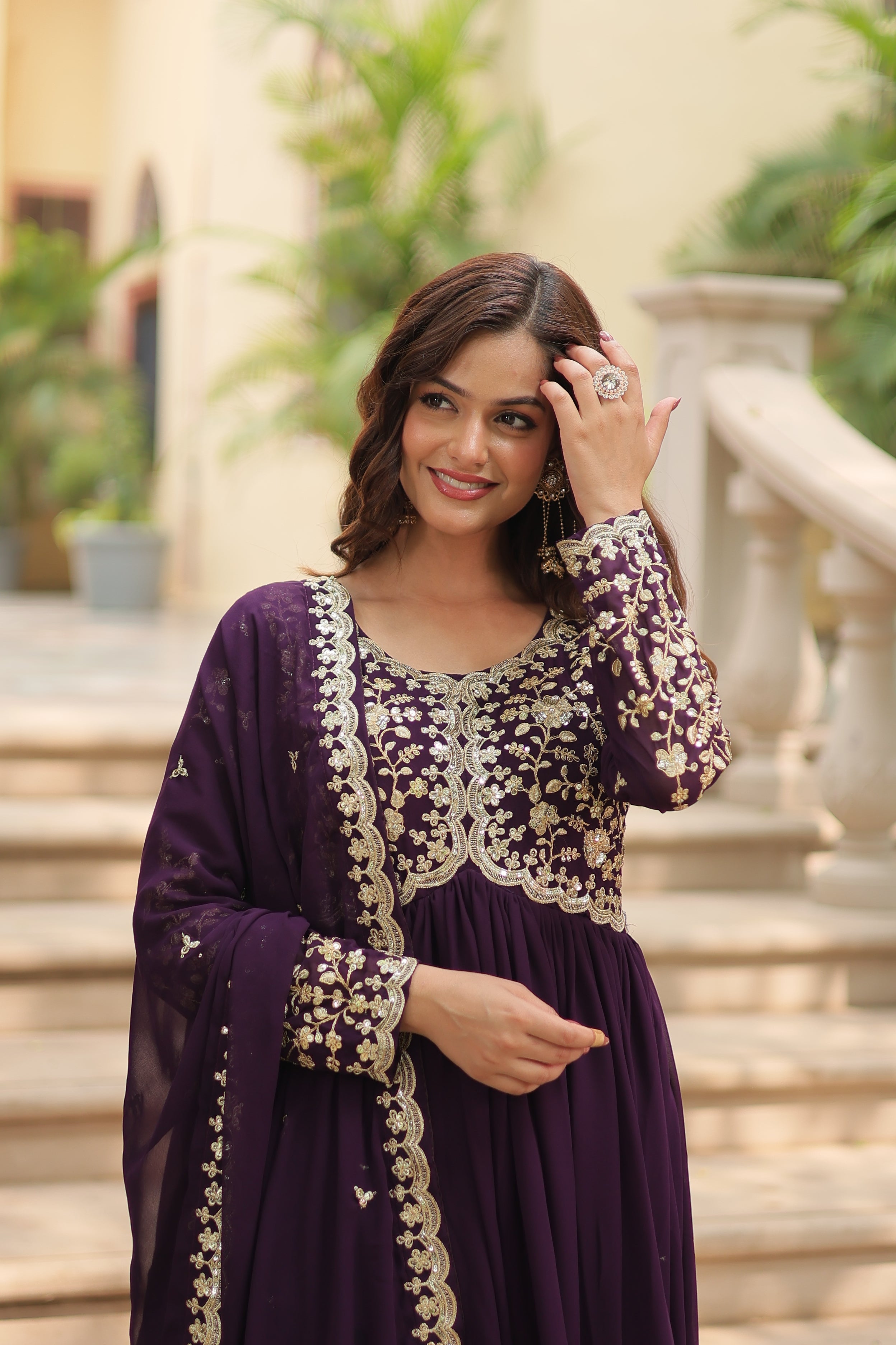 Teeya Creation Wine Color Faux Georgette Heavy Embroidery Work Dupatta Fully Stitched Gown