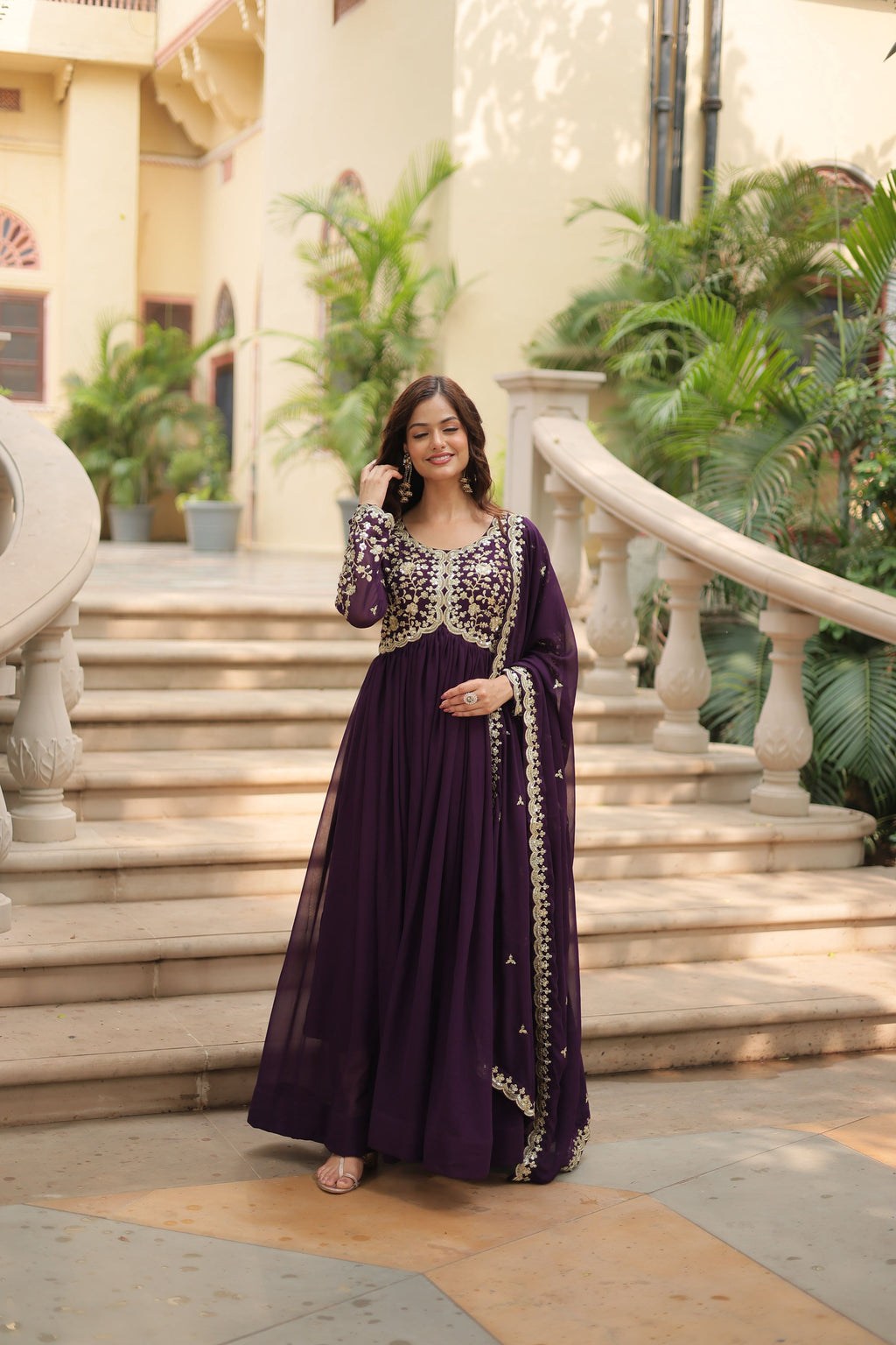 Teeya Creation Wine Color Faux Georgette Heavy Embroidery Work Dupatta Fully Stitched Gown