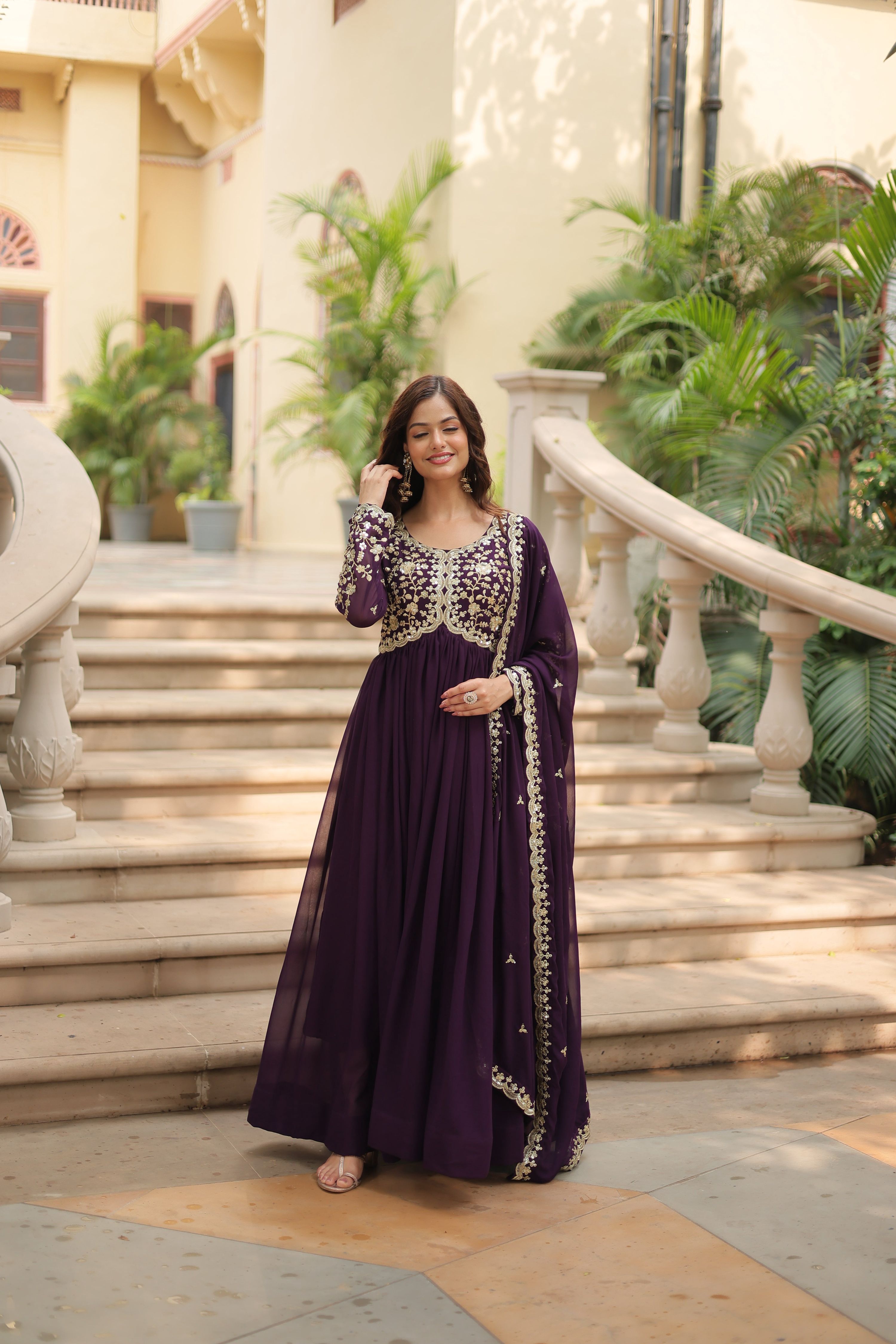 Teeya Creation Wine Color Faux Georgette Heavy Embroidery Work Dupatta Fully Stitched Gown
