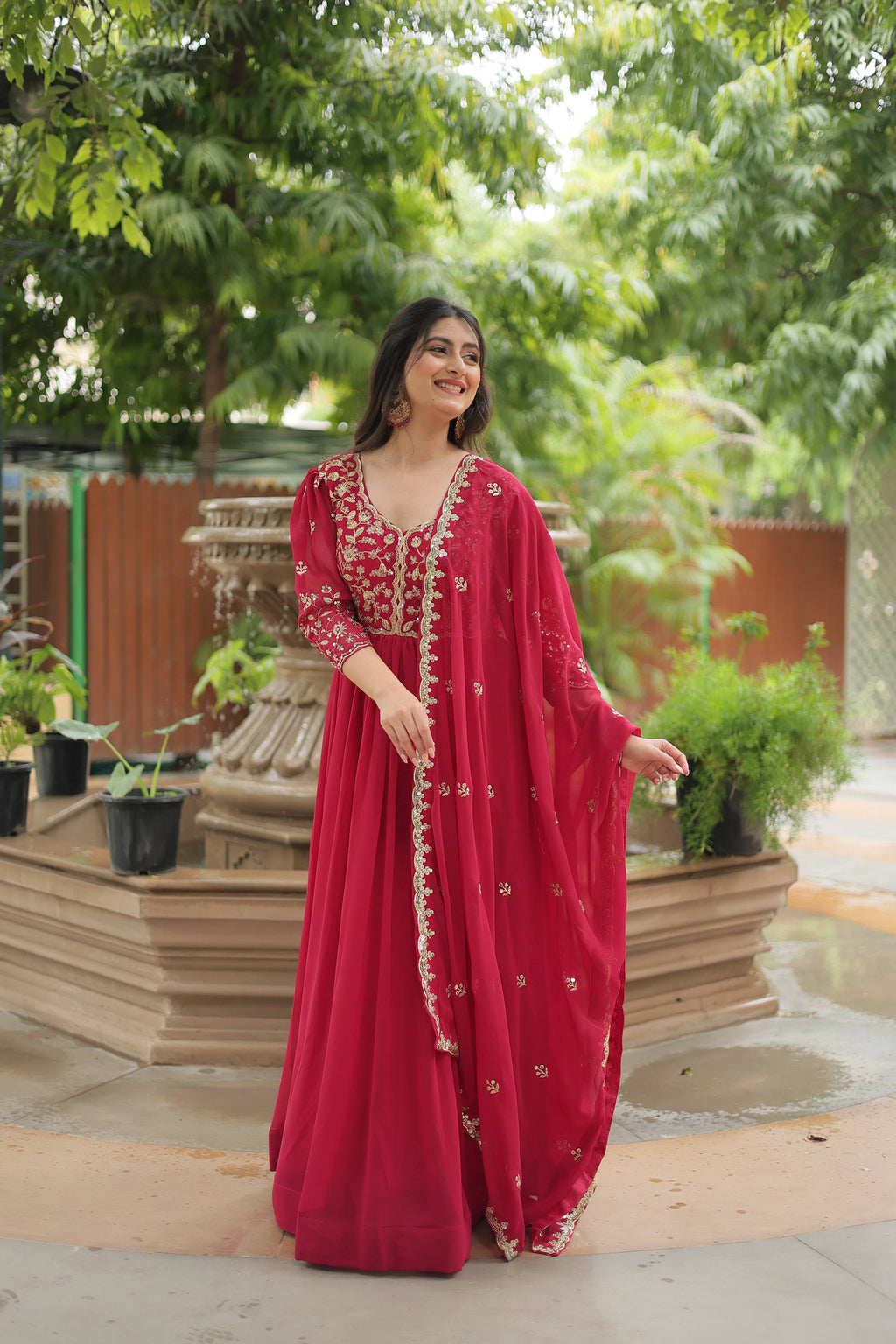 Teeya Creation Rani Pink Color Faux Georgette Heavy Embroidery Work Dupatta Fully Stitched Gown