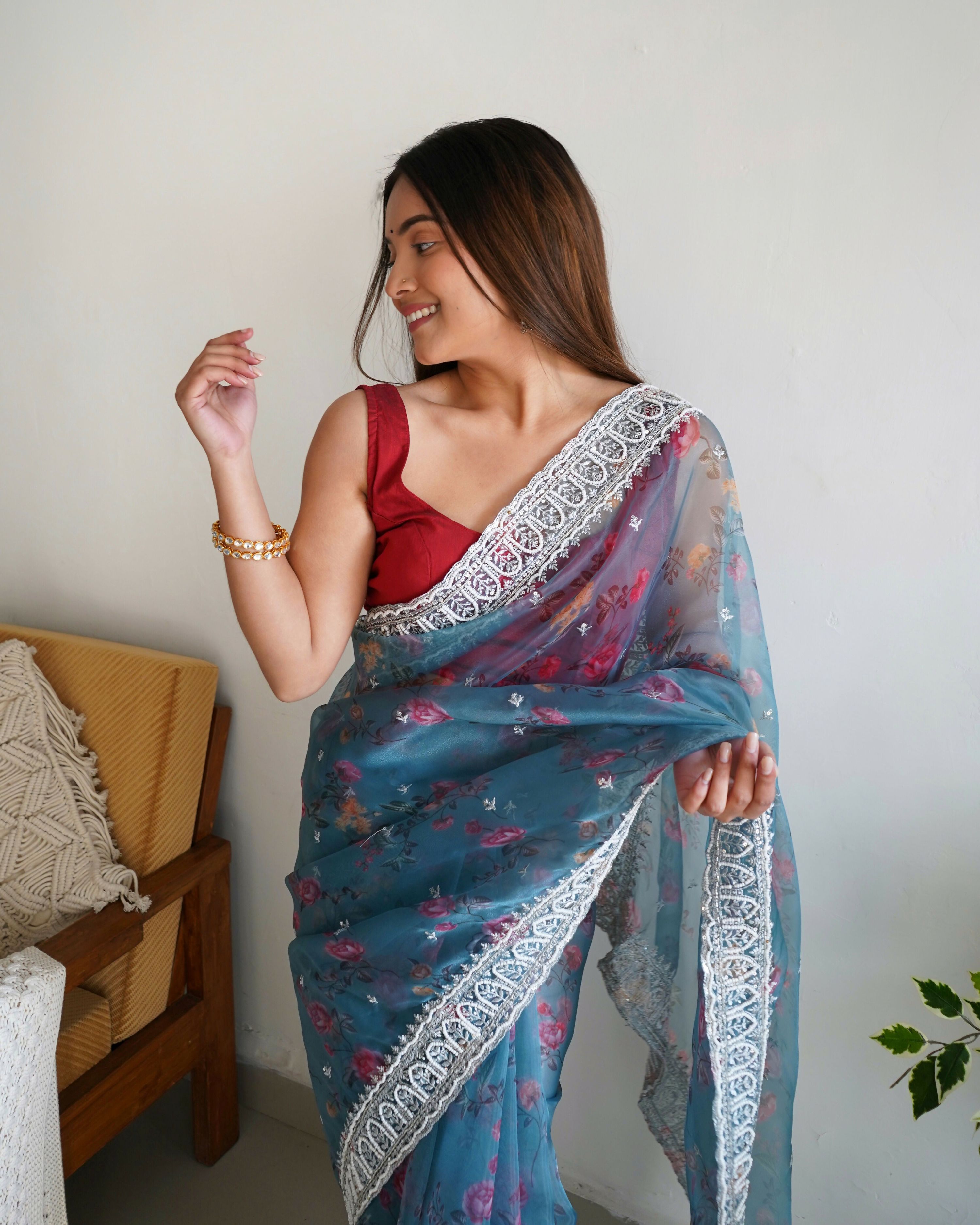 Vamsee Ferry Blue Organza Saree