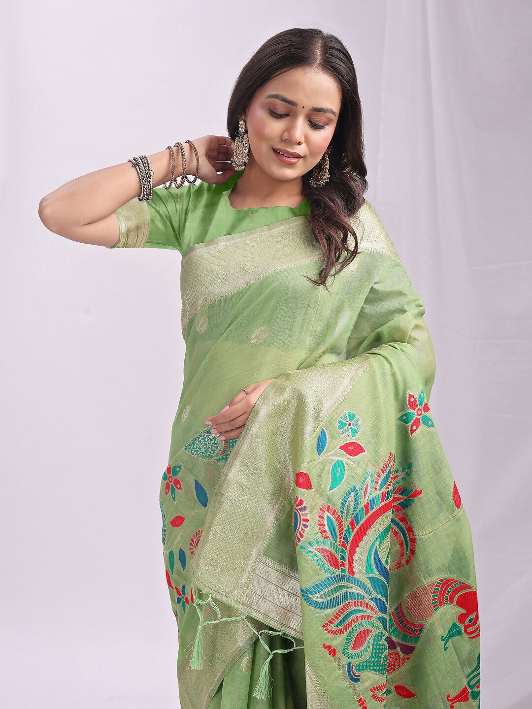 Shree Shyam Fashion Linen Cotton Light Green Saree