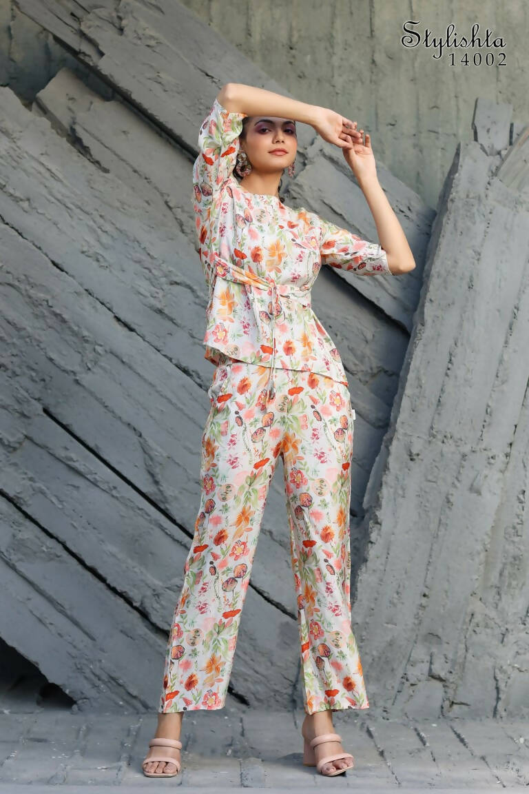 Women's Partywear Designer White & Multi Muslin co-ord set - Stylishta