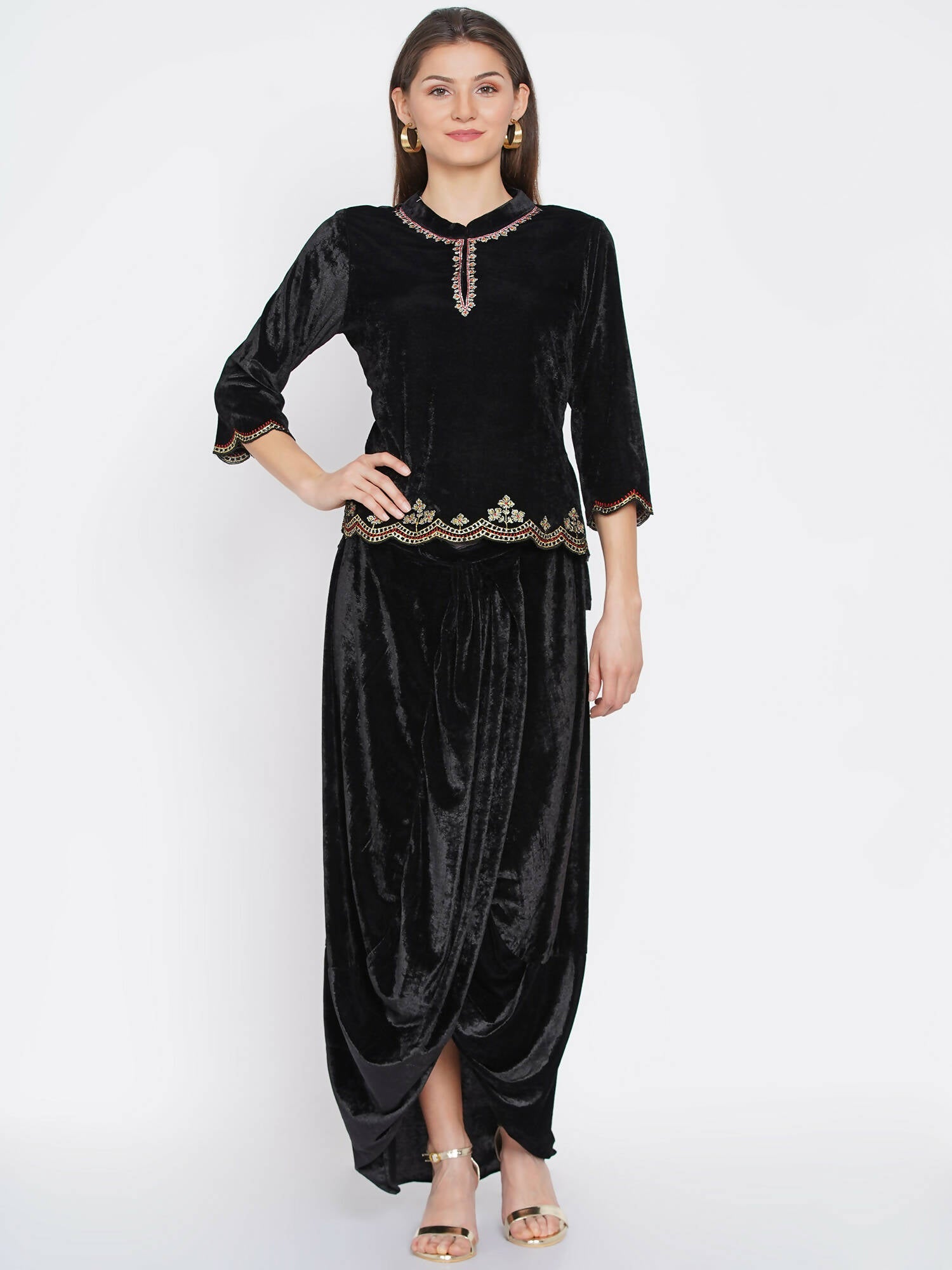 Women Republic Black Velvet Embroiderd Koti With Dhoti Pants