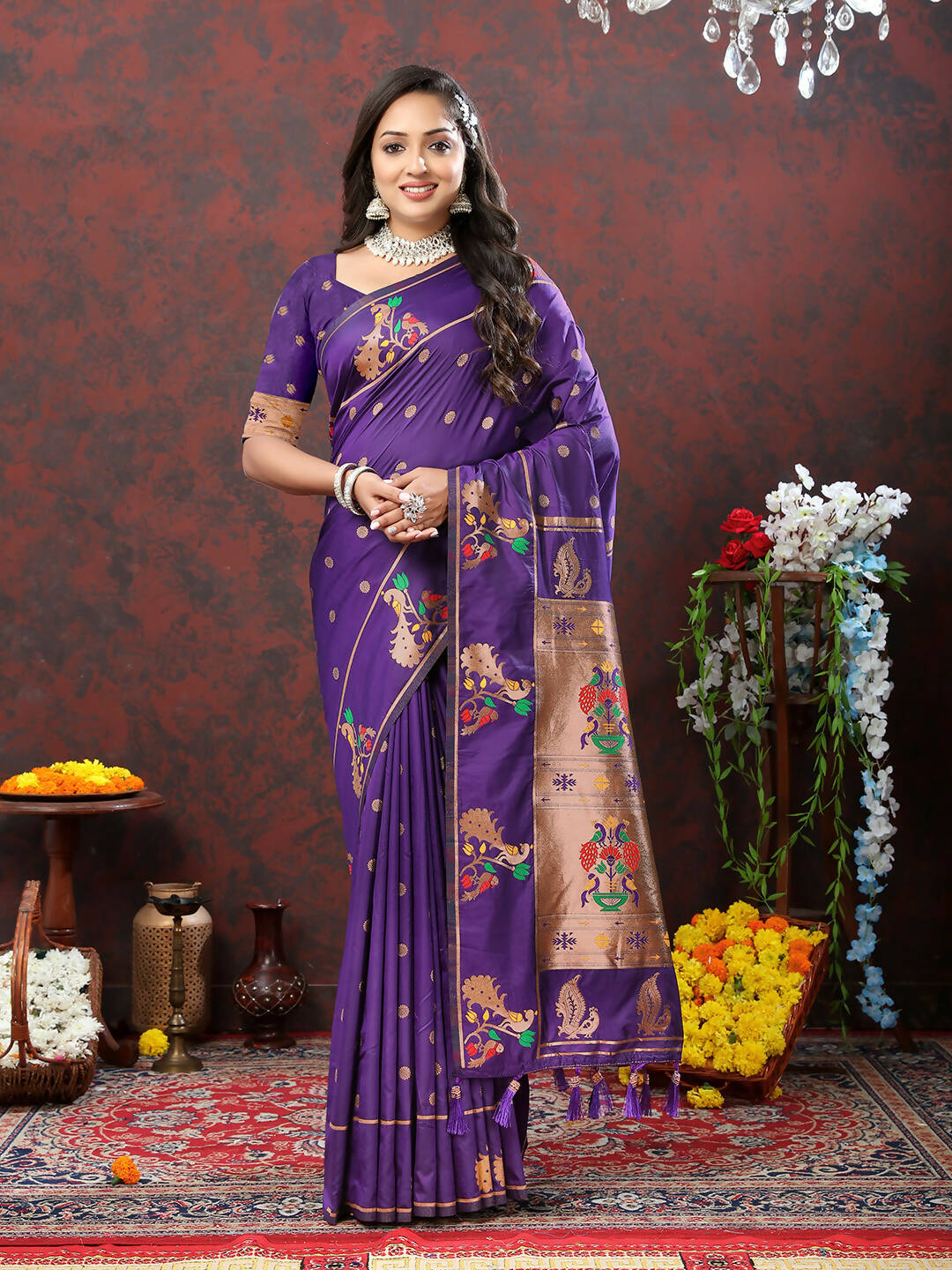 Lorenvalley Fashion Purple Soft Paithani Silk Woven Design Copper Zari Meenakari Weaving Saree