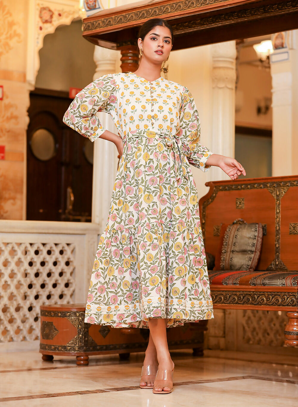 Kaajh Women's White-Pink Floral Print Handblock Dress