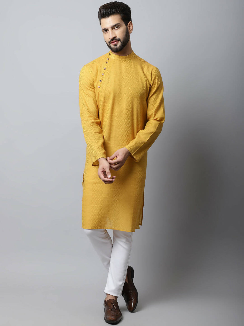 Even Apparels Yellow Color Pure Cotton Men's Kurta With Side Placket (SLD1192)