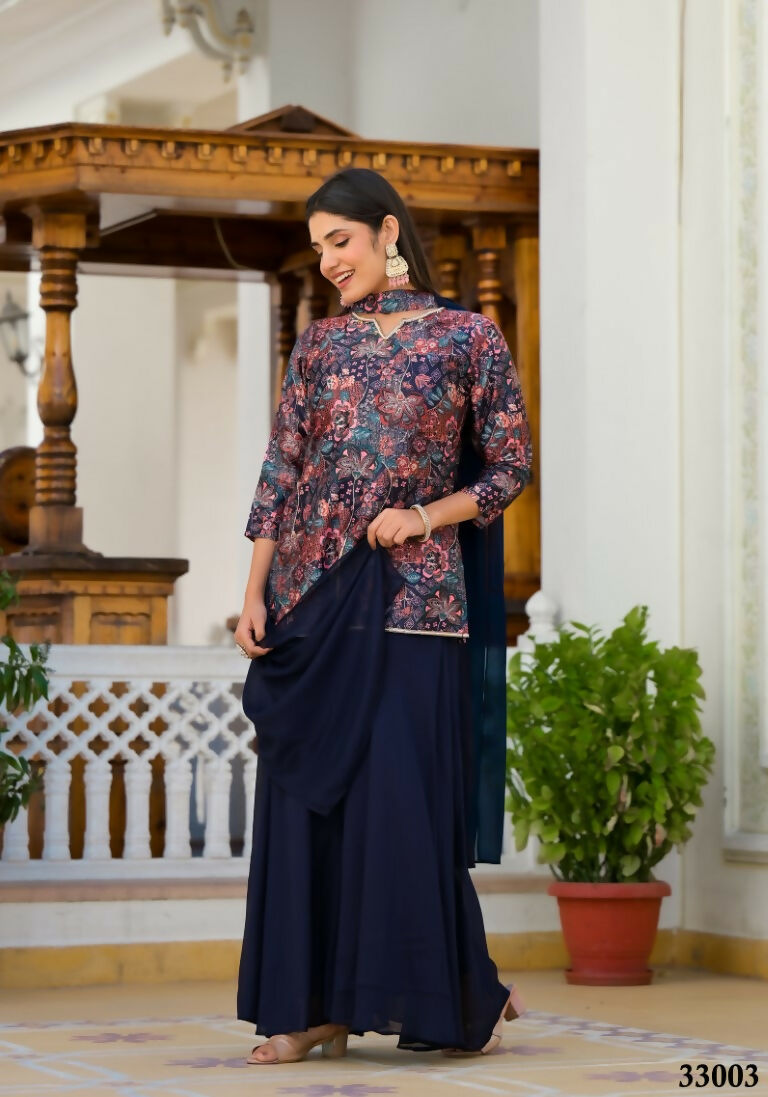 Designer Stylish Navy Blue Dull satin Stitched Suit With Dupatta - Samya