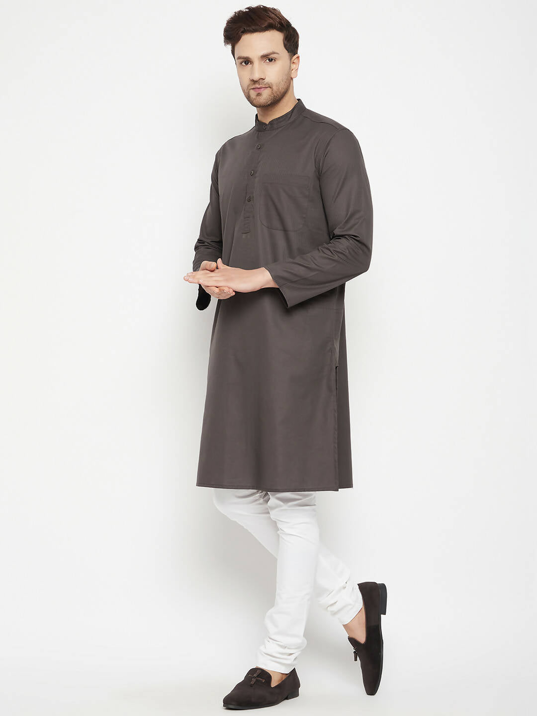 Even Apparels Brown Color Pure Cotton Long Men's Kurta With Band Collar