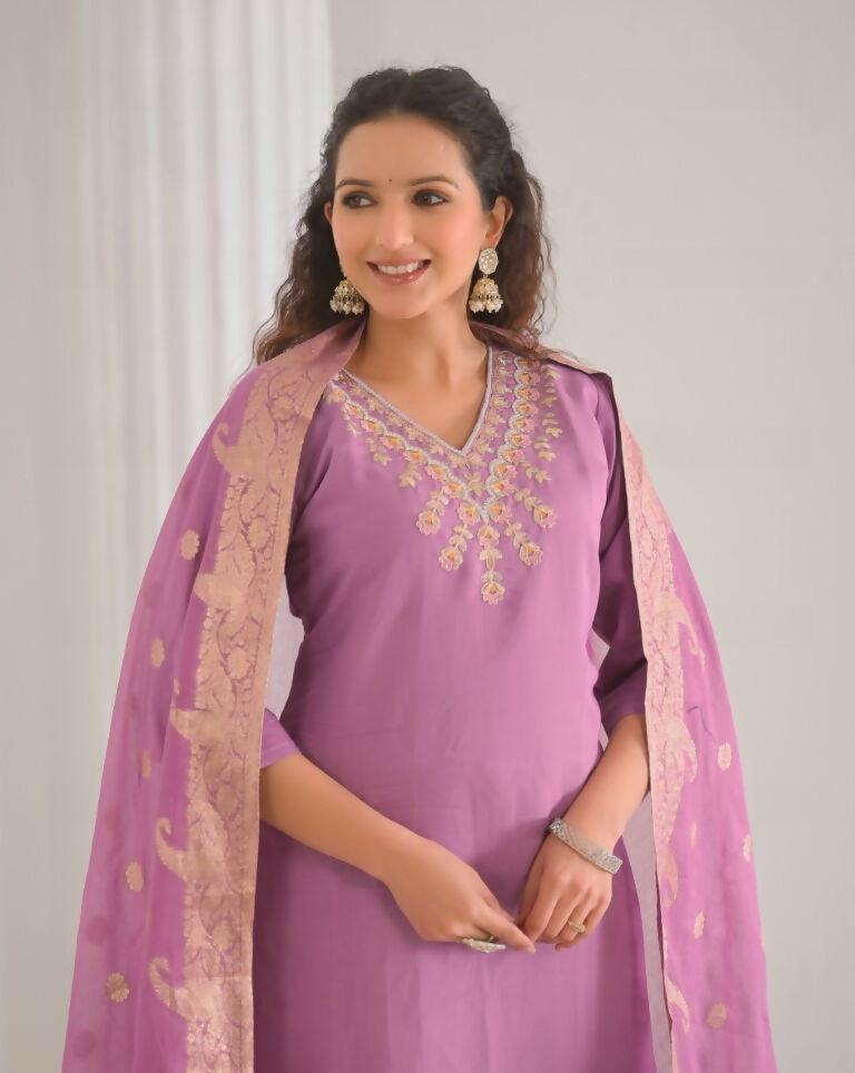 Ethnic Festive Wear Viscose Chanderi Pink Stitched Suit With Dupatta - Tanisha