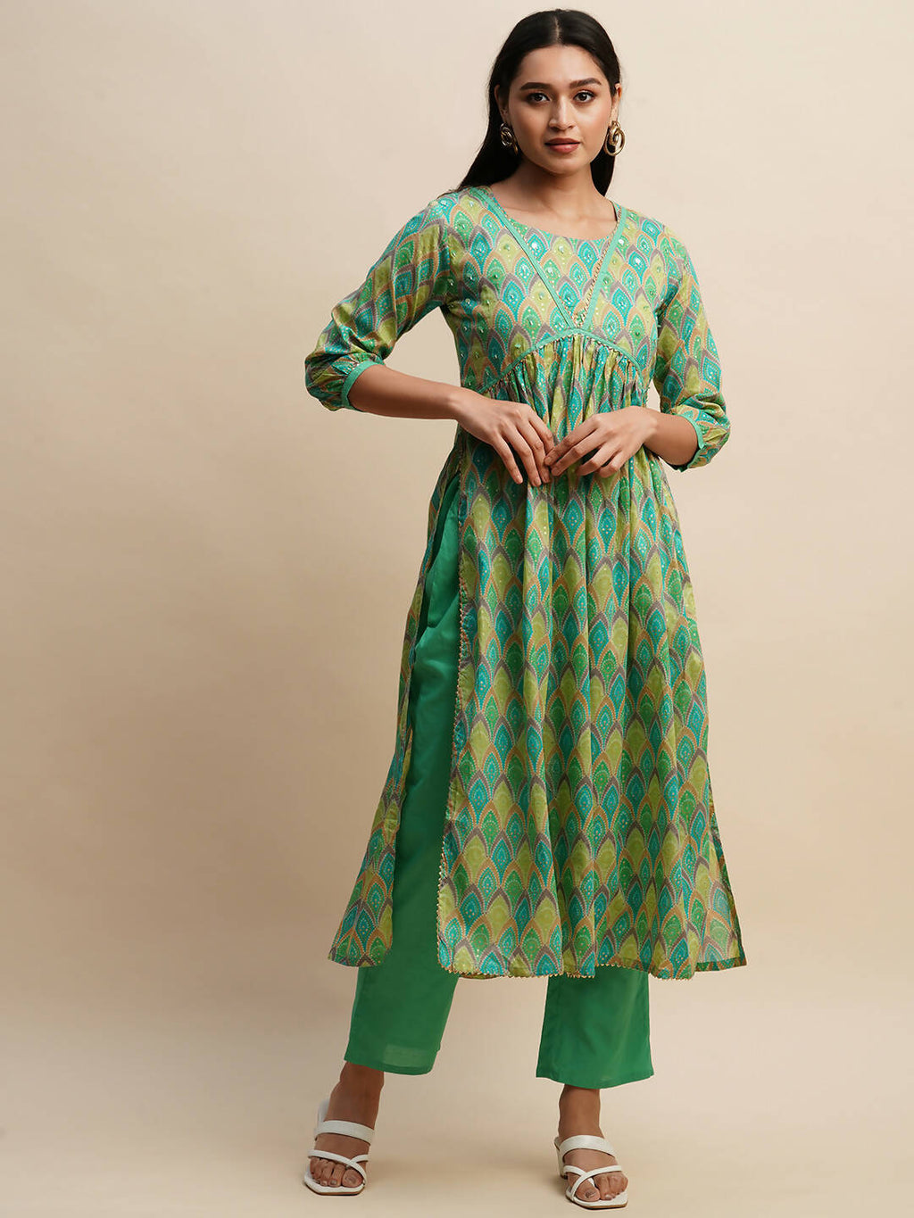 Sea Green Pure Cotton Bandhani Printed Naira Cut Kurta And Bottom With Dupatta - Akashara