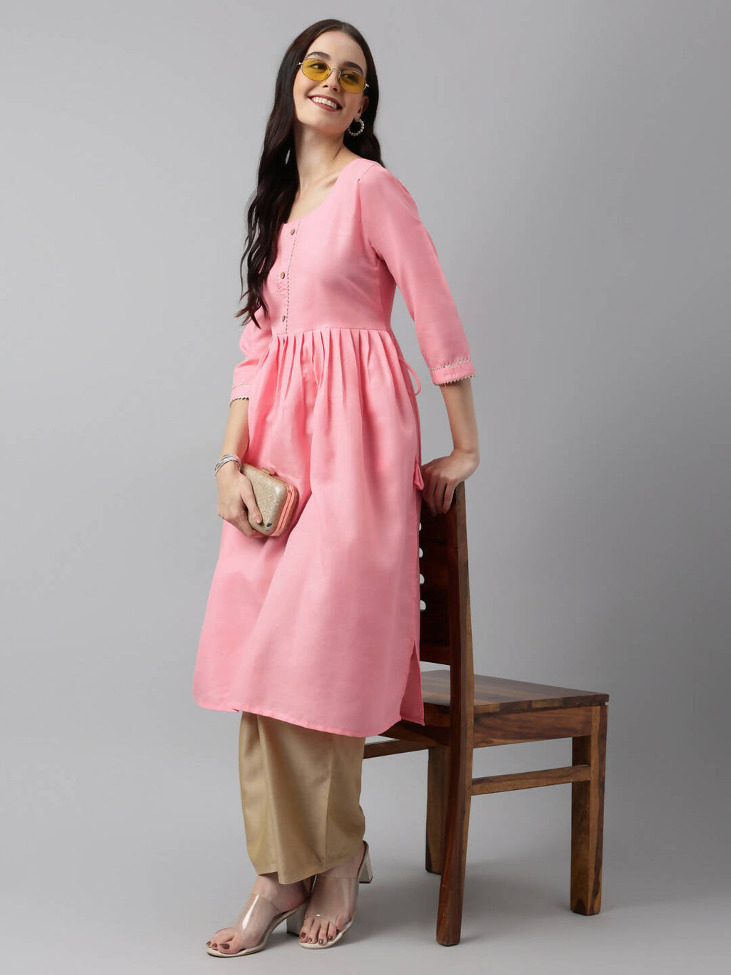 Pink Poly Cotton Solid Nayra Cut Kurta - Tirtha