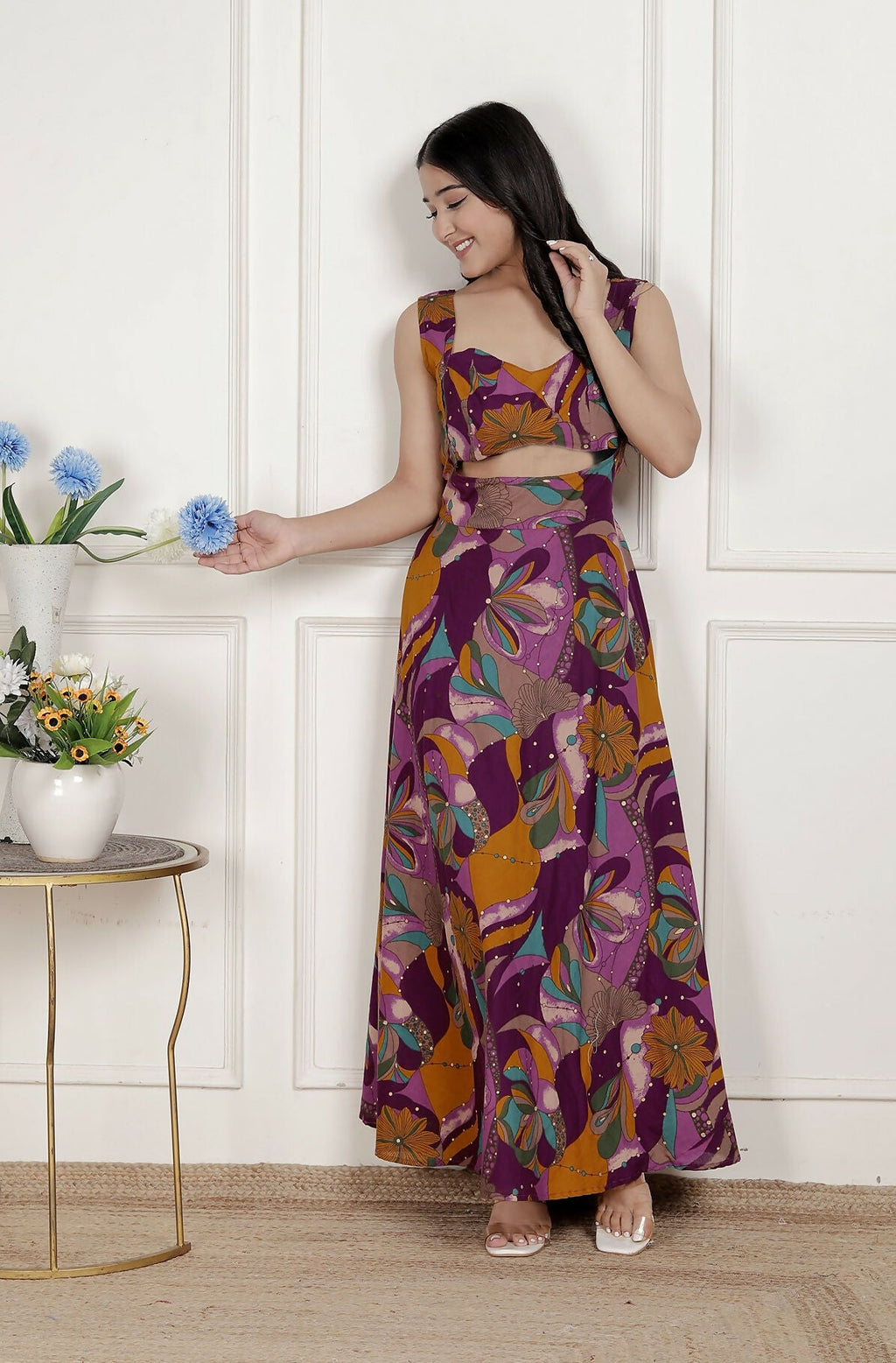 Miravan Womens Purple Pure Cotton Floral Printed Sleeveless Cut Out Western Dress