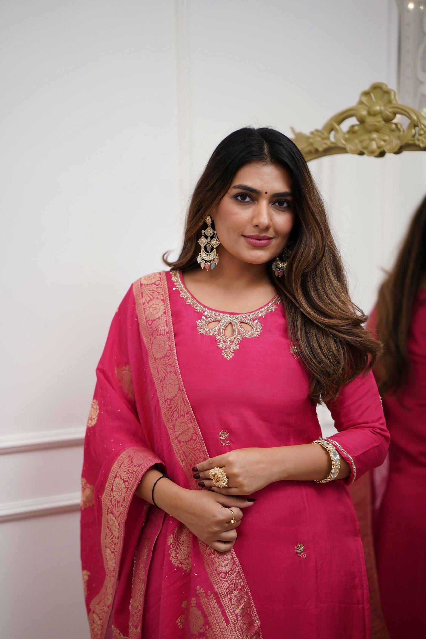 The52 Gajri Women's Gorgeous Embroidered Viscose Chanderi Fabric Straight Kurta Pant with Dupatta Set