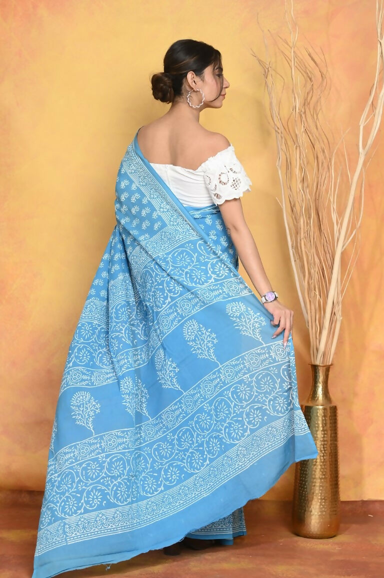 Very Much Indian Handblock Printed Cotton Saree With Natural Dyes - Sky Blue