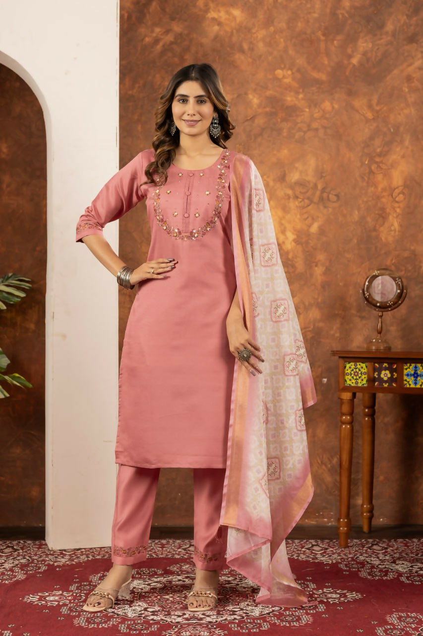 Women's Peach Embroidery Kurta Pant Set With Dupatta by Infinity Export