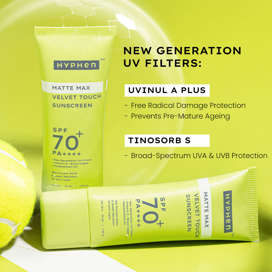 Hyphen Matte Max Velvet Touch Sunscreen SPF70+PA++++ Sweat & Water Resistant 12hr UV Protection