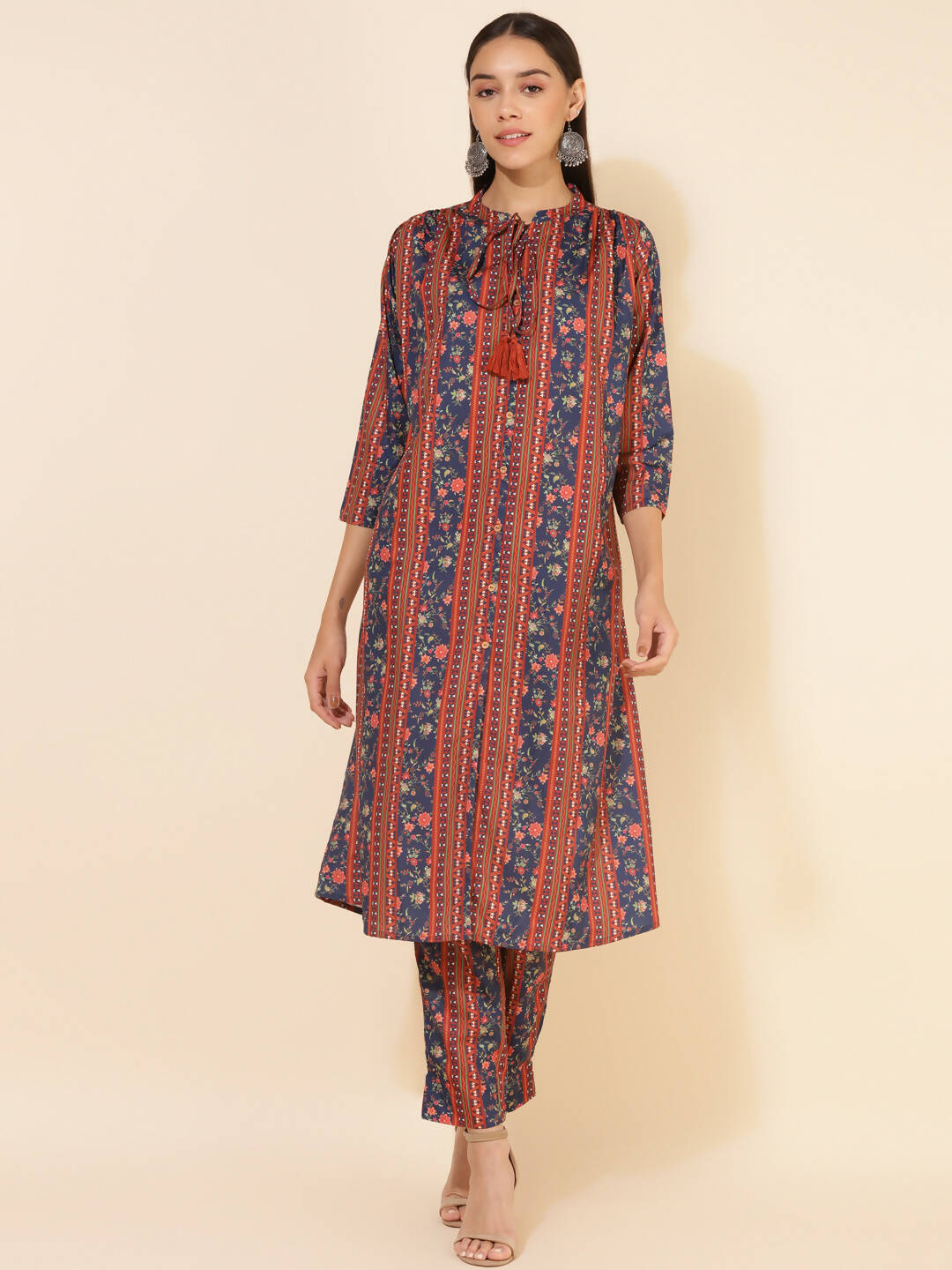 Janasya Women's Blue Crepe Digital Floral Printed Festive A-line Co-ords