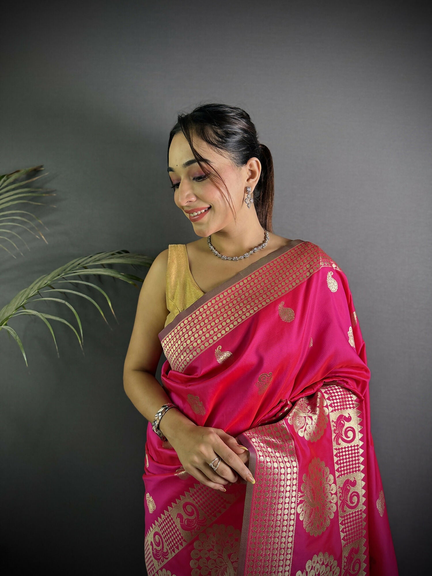 Joban Fashion Hot Pink Banarasi Soft Lichi Silk Paisley Saree