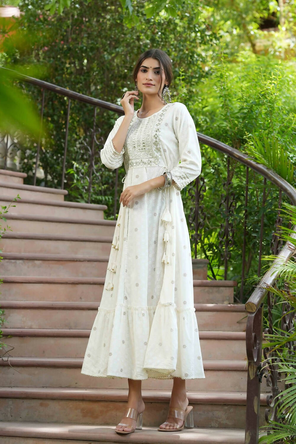 Juniper Off-White Rayon Festive Wear Embroidered A-Line Long Dress