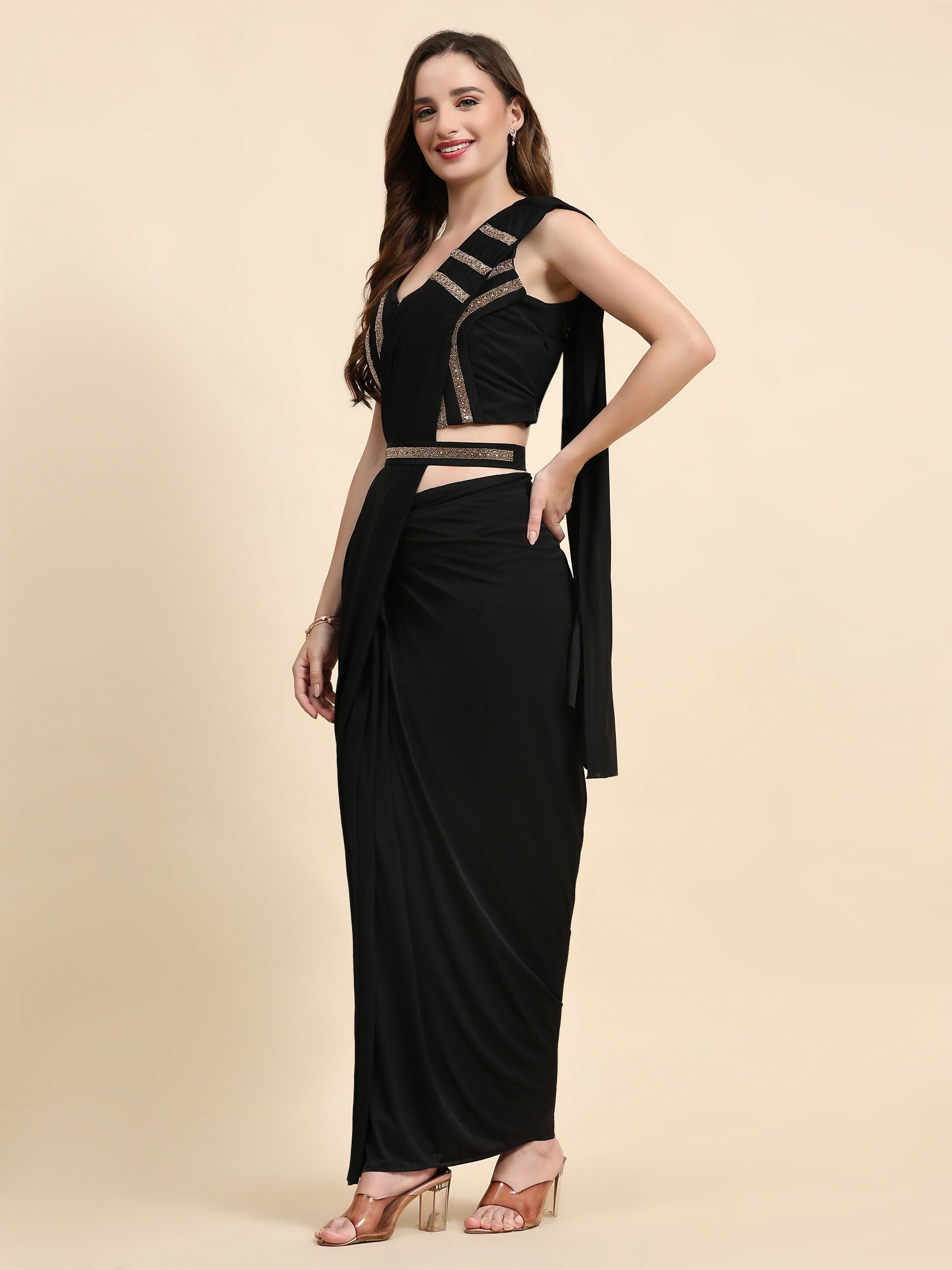 Black Polyester Solid Ready to Wear Saree with stitched Blouse - Nita