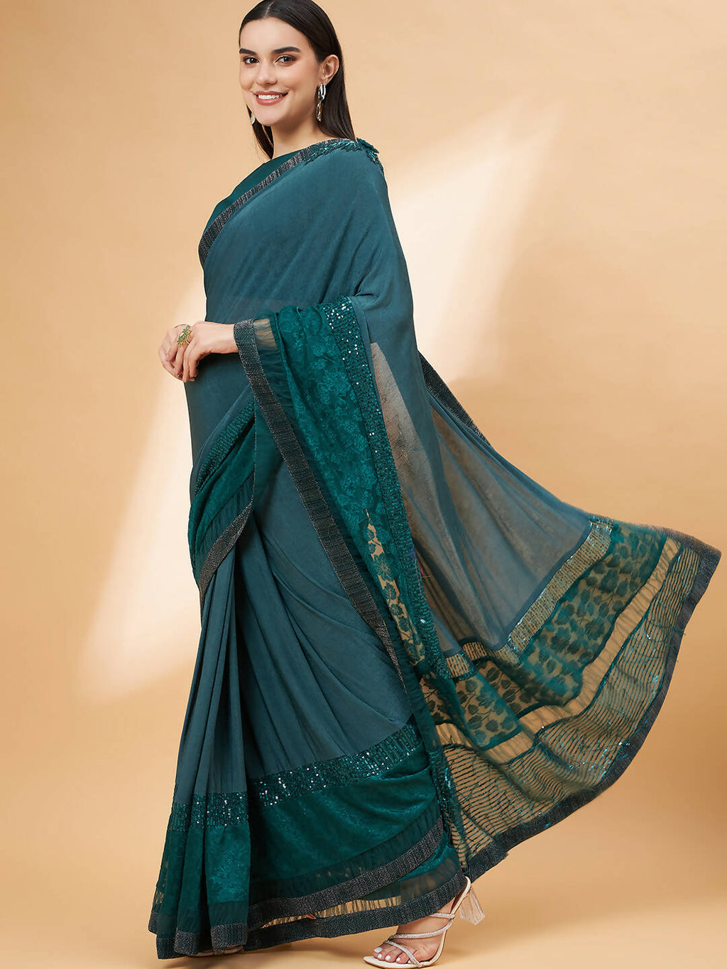 Green Lycra Flock Work, Seuqins Embroidery, Handwork Shoulder Butta Saree - Norita Hit Design