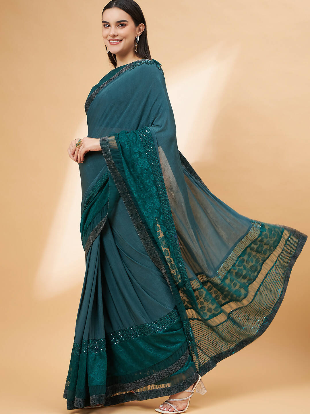 Green Lycra Flock Work, Seuqins Embroidery, Handwork Shoulder Butta Saree - Norita Hit Design