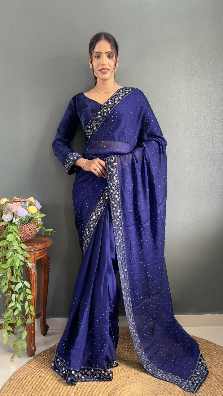 Vastranavya Blue Rangoli Silk Real Mirror work with Swarovski work Ready to Wear Saree