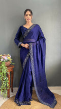 Vastranavya Blue Rangoli Silk Real Mirror work with Swarovski work Ready to Wear Saree