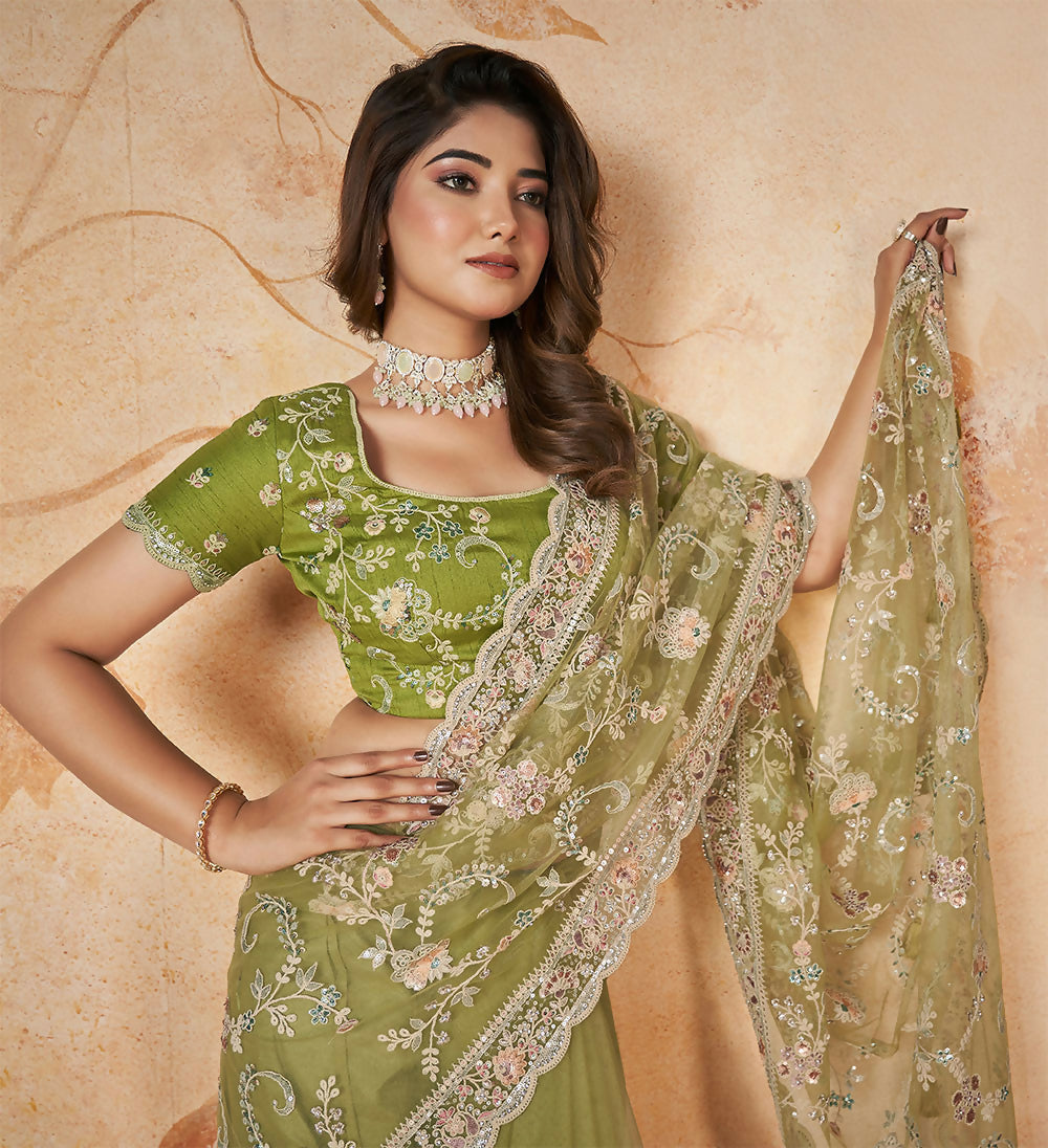 Green Net Sequence & Cord Embroidered Saree - Mohmanthan Dakshika