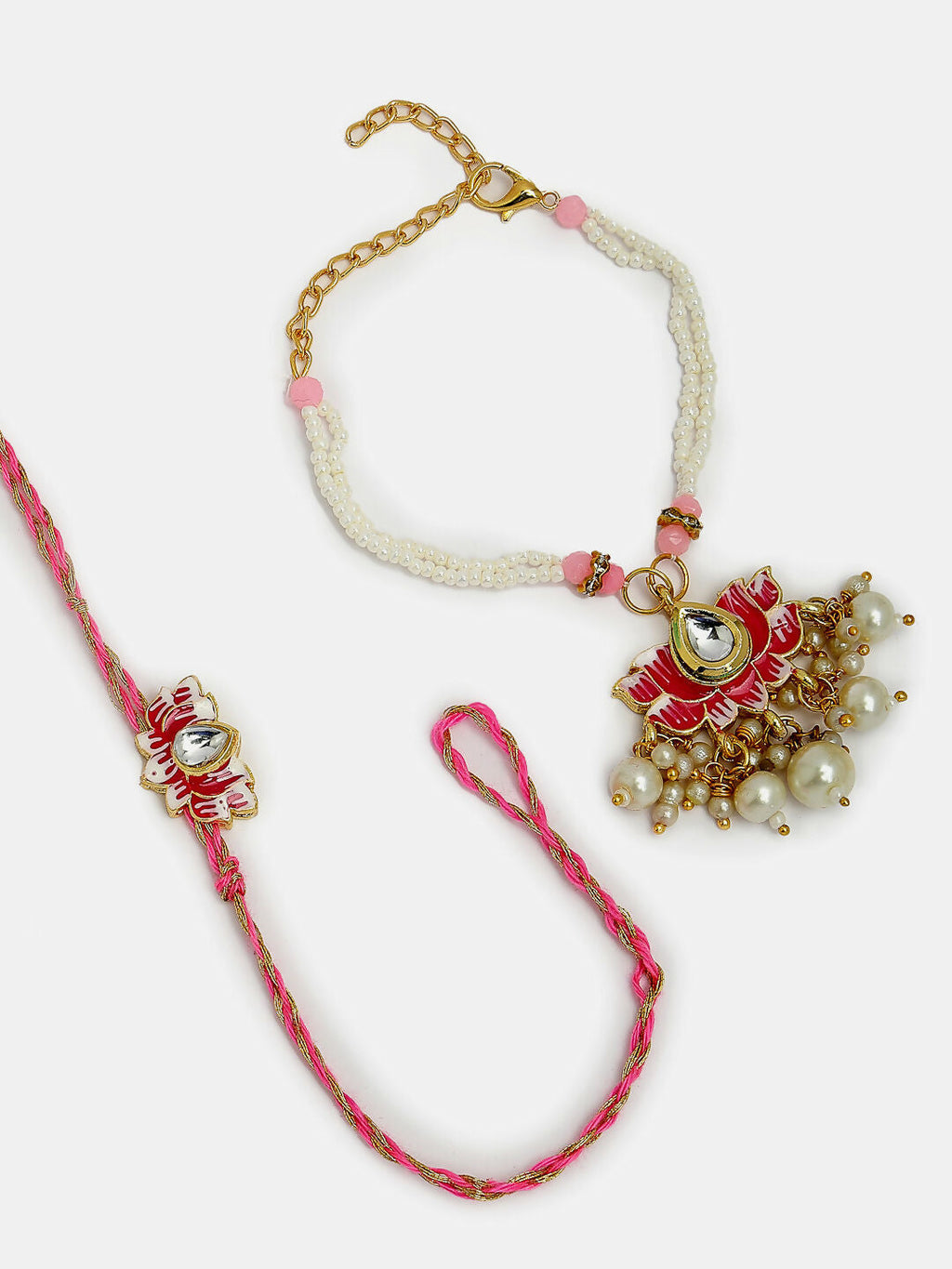 NVR Women & Men Set of 2 Pink Lotus Shape Kundan-Studded & Beaded Wraparound Rakhi Set With Roli Chawal & Chocolate